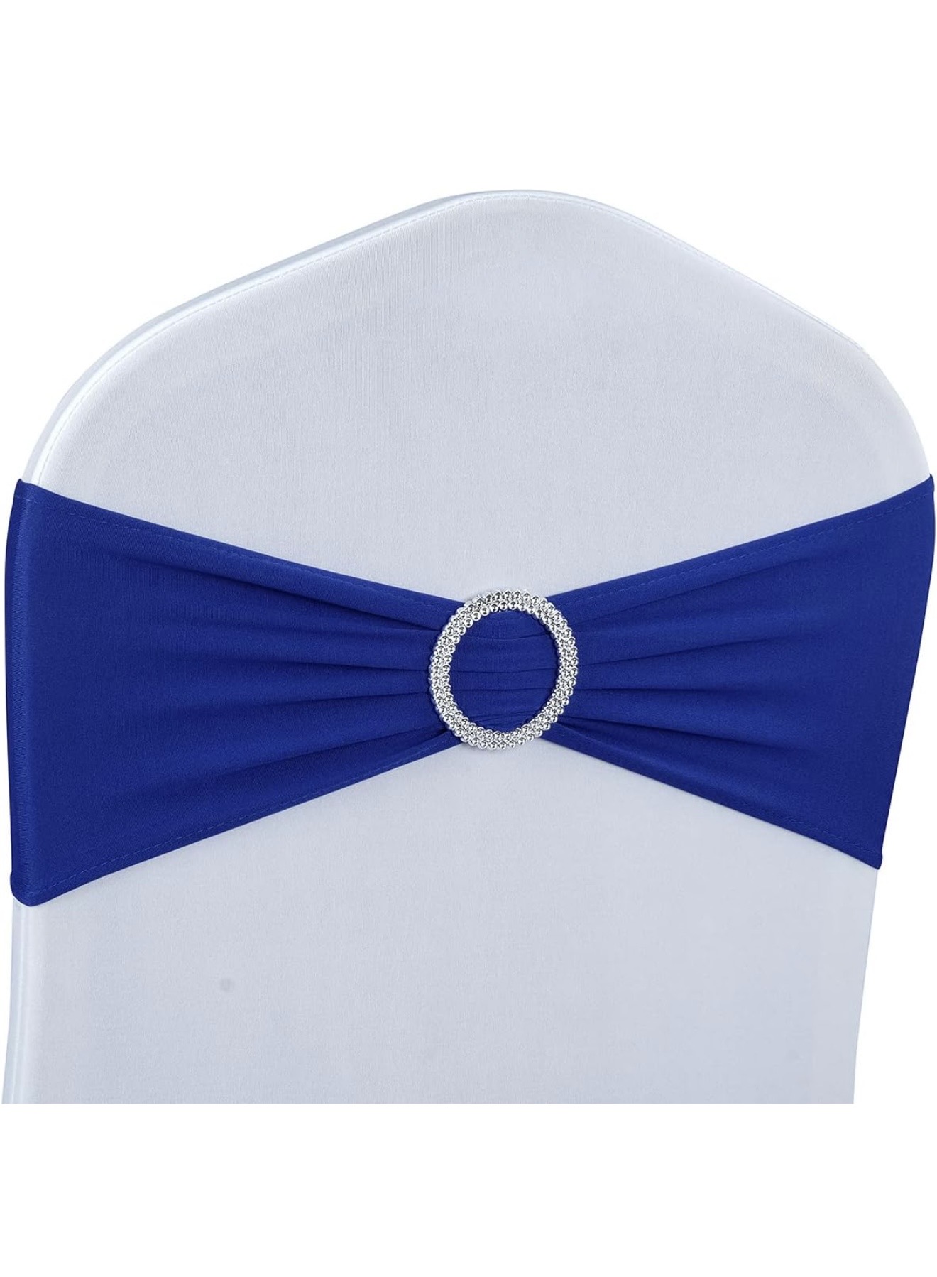 White chair with a royal blue spandex sash and rhinestone buckle